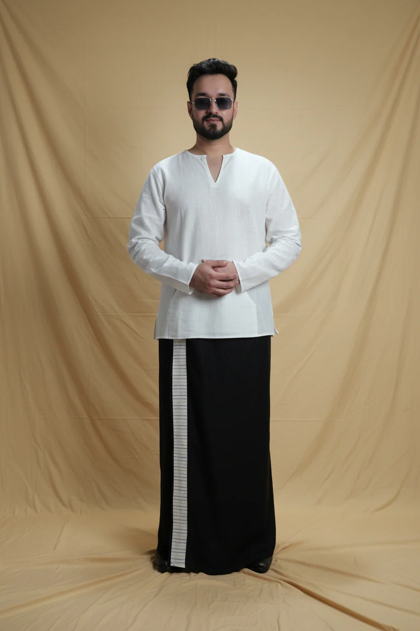 Men Black Colour Pajamalungi With White Stripe Panel - Image 3
