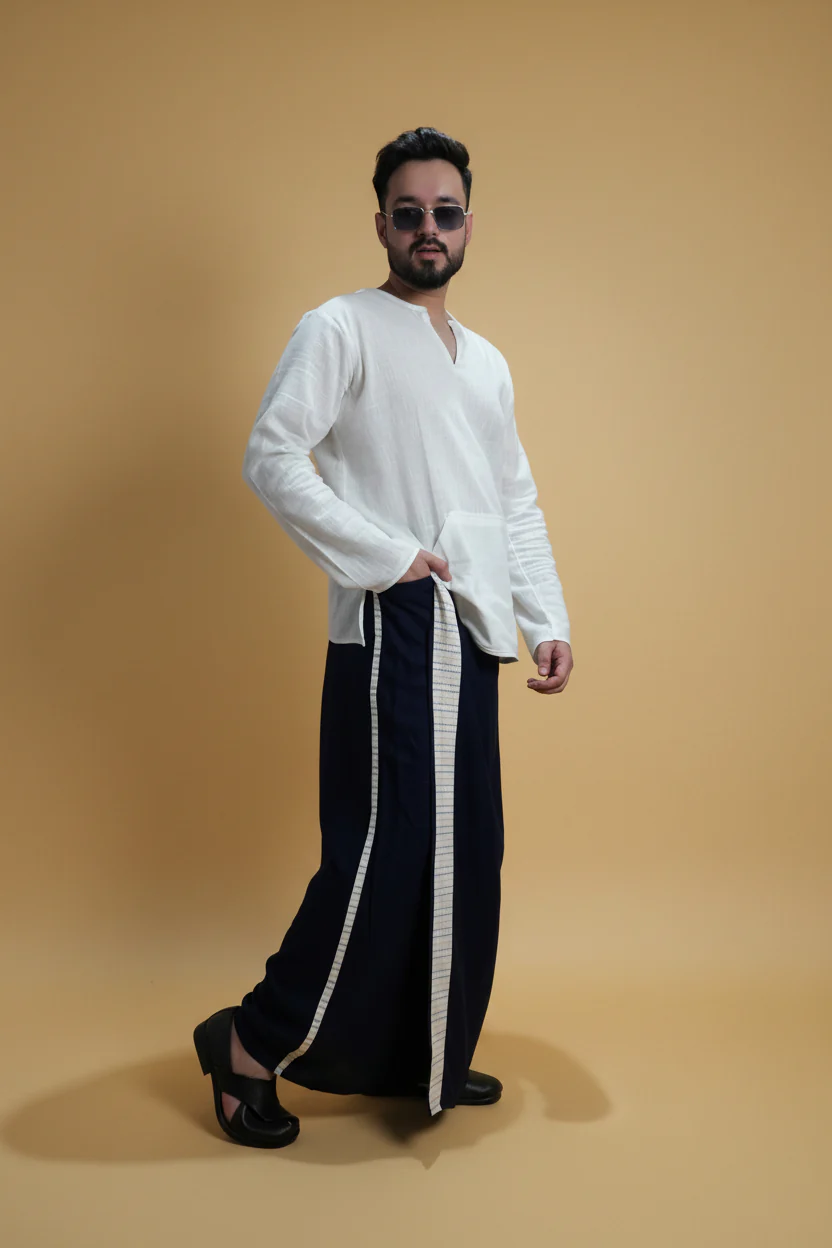 Men Navy Blue Colour Pajamalungi With White Stripe Panel - Image 5