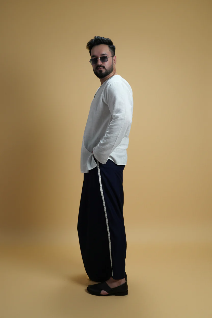 Men Navy Blue Colour Pajamalungi With White Stripe Panel - Image 2