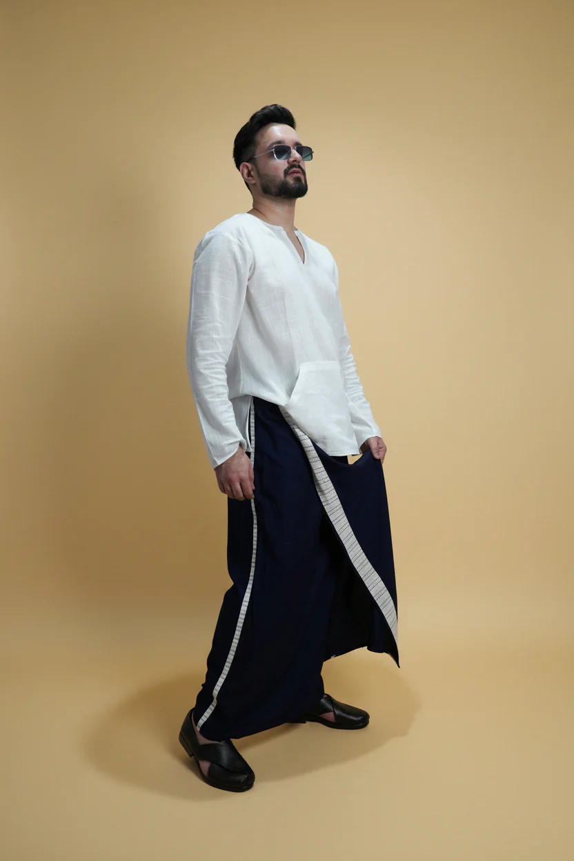 Men Navy Blue Colour Pajamalungi With White Stripe Panel - Image 3