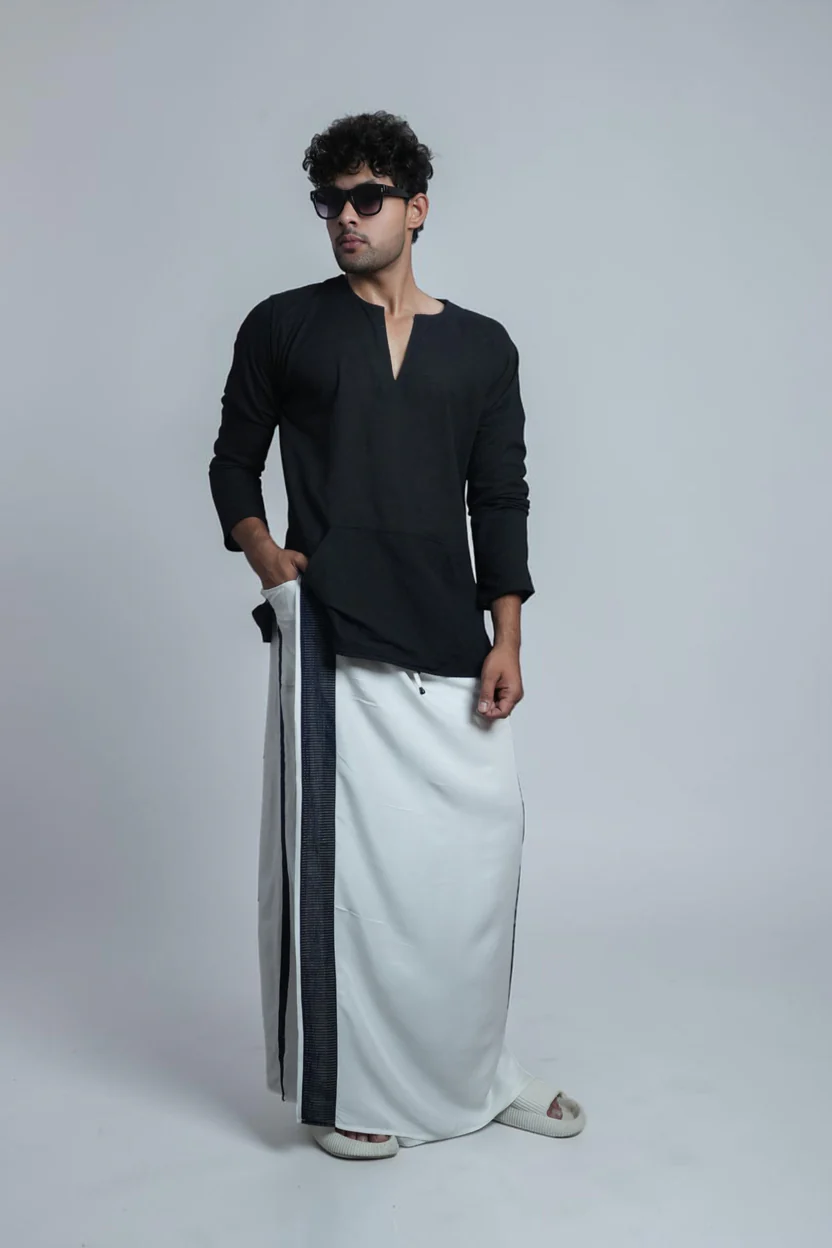 Men White Colour Pajamalungi With Navy And Gold Zari Stripe Panel - Image 7