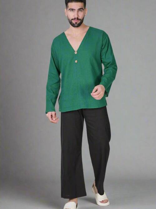 V-Neck Buttoned Green Kurta