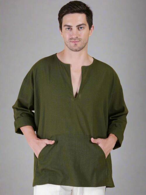 Olive Green Off Shoulder Loose Cotton Kurta