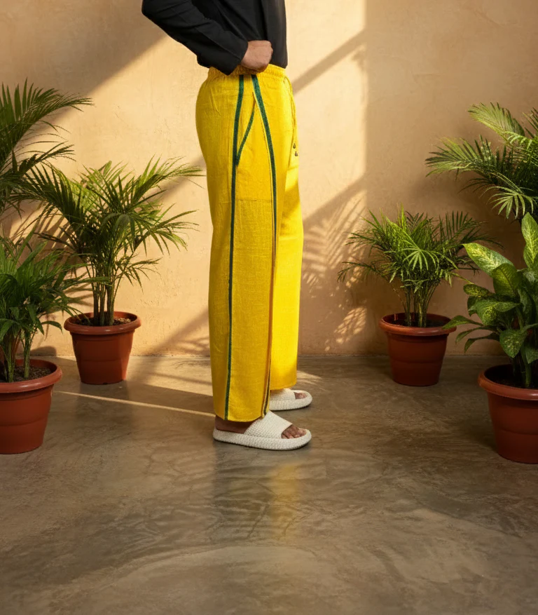 Men's Yellow With Green Stripe Pajamalungi - Image 2