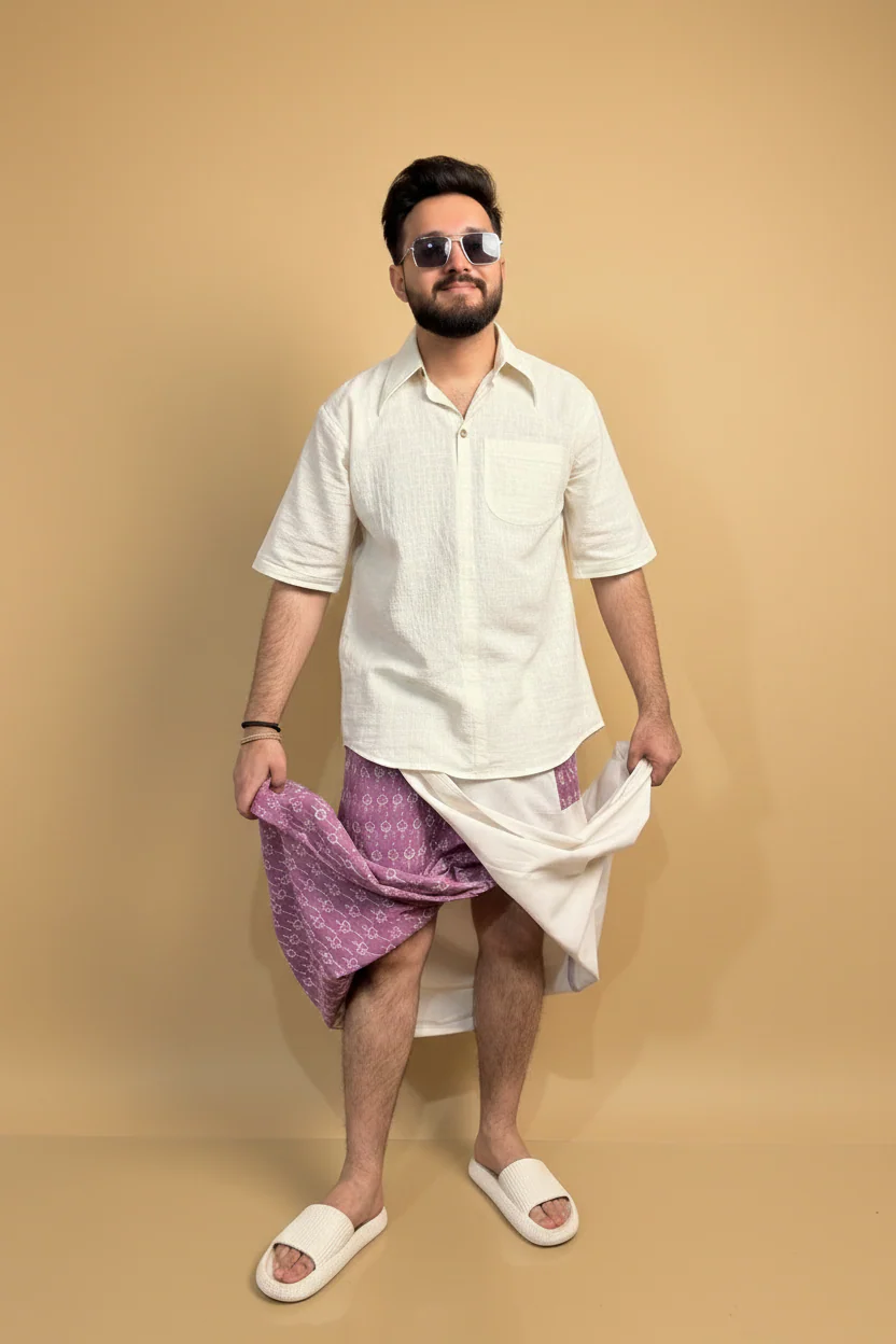 Men White Color Pajamalungi With Purple Embroidery Panel - Image 6