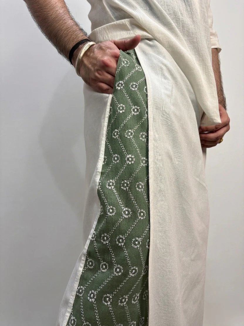 Men White Color Pajamalungi With Green Embroidery Panel - Image 9