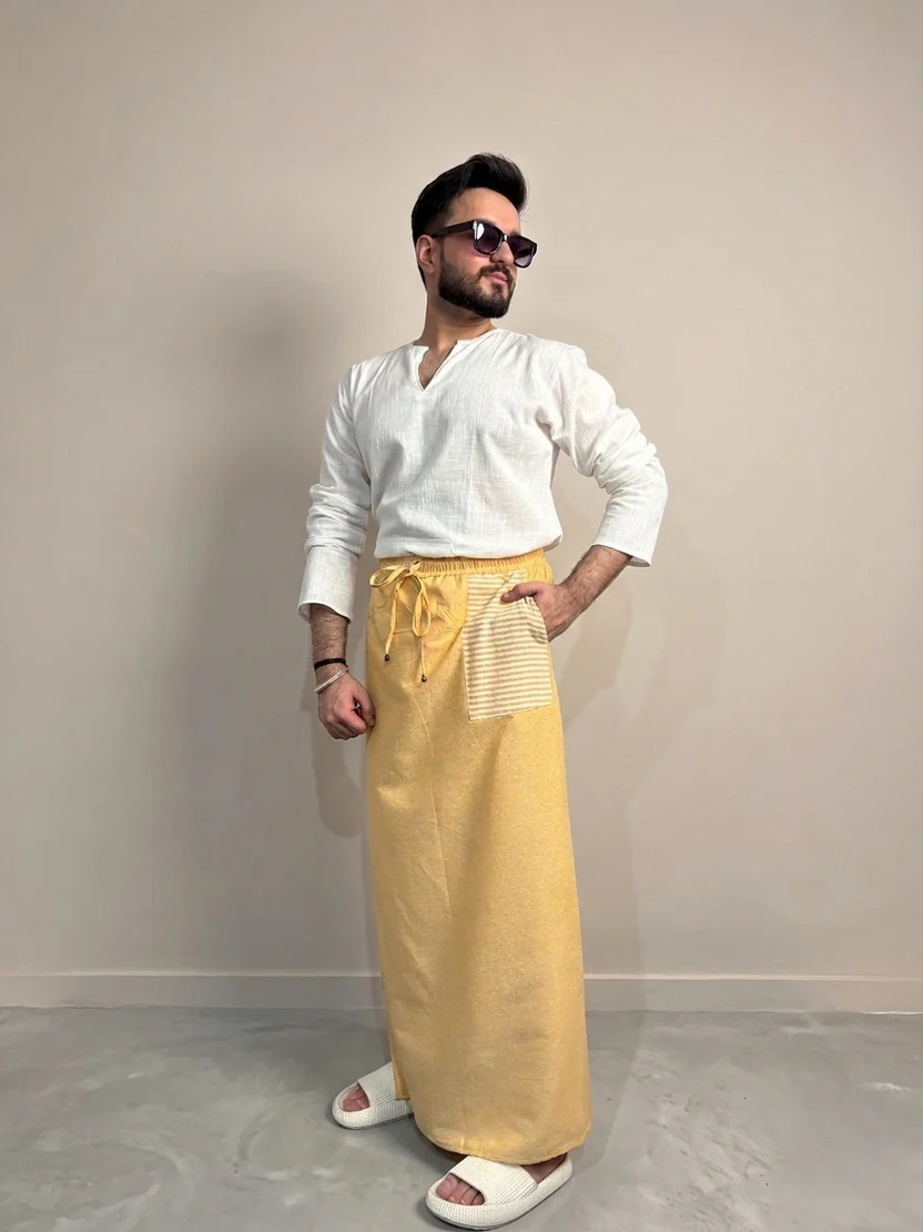 Men Yellow Color Pajamalungi With Yellow Stripe Panel - Image 4