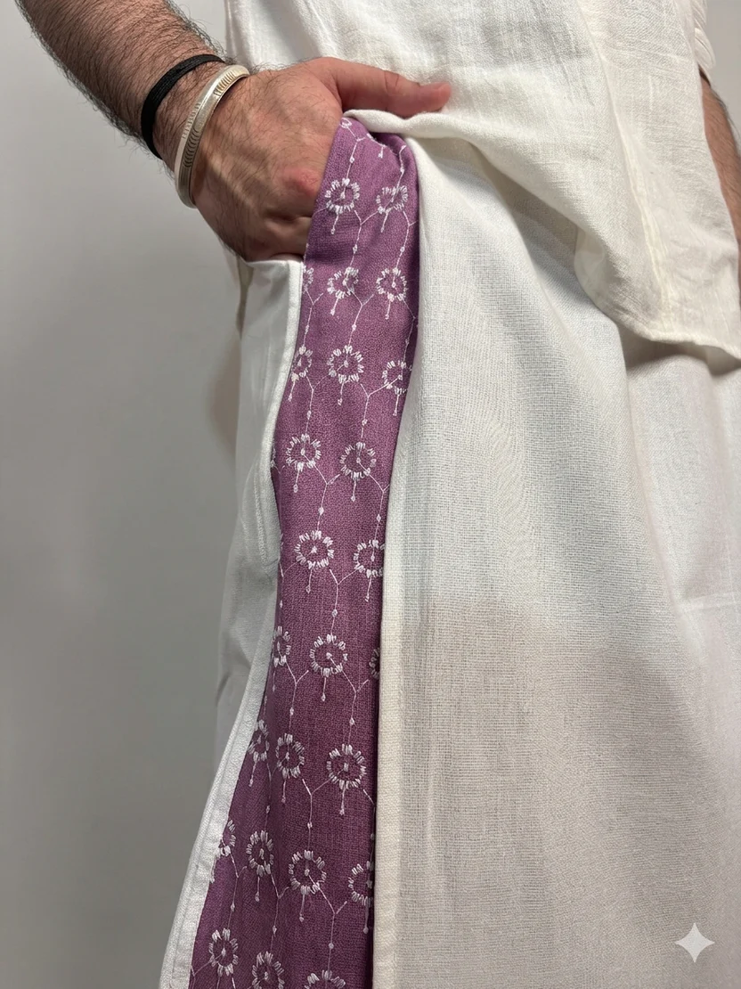 Men White Color Pajamalungi With Purple Embroidery Panel - Image 7
