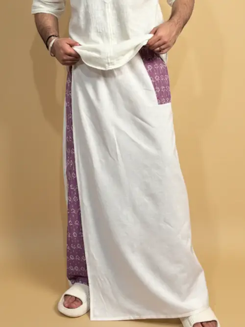 Men White Color Pajamalungi With Purple Embroidery Panel