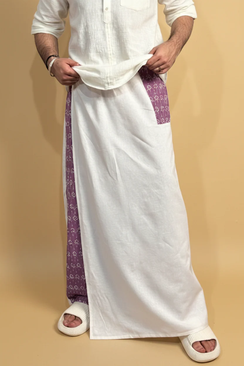 Men White Color Pajamalungi With Purple Embroidery Panel