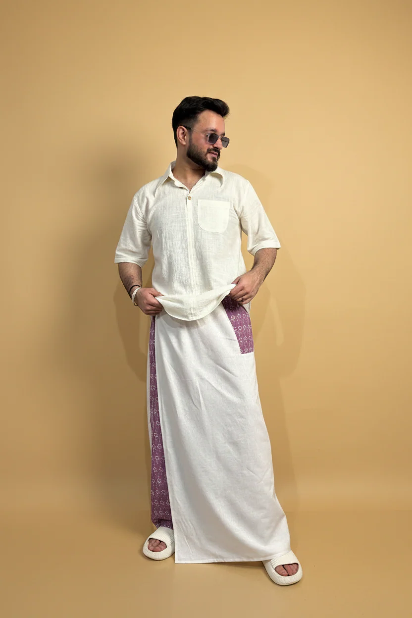 Men White Color Pajamalungi With Purple Embroidery Panel - Image 4