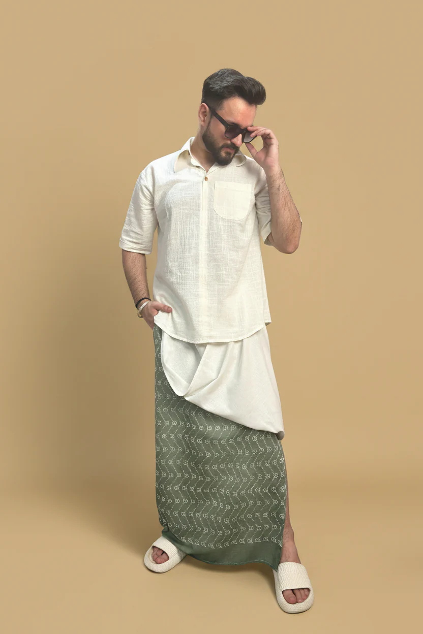 Men White Color Pajamalungi With Green Embroidery Panel - Image 8