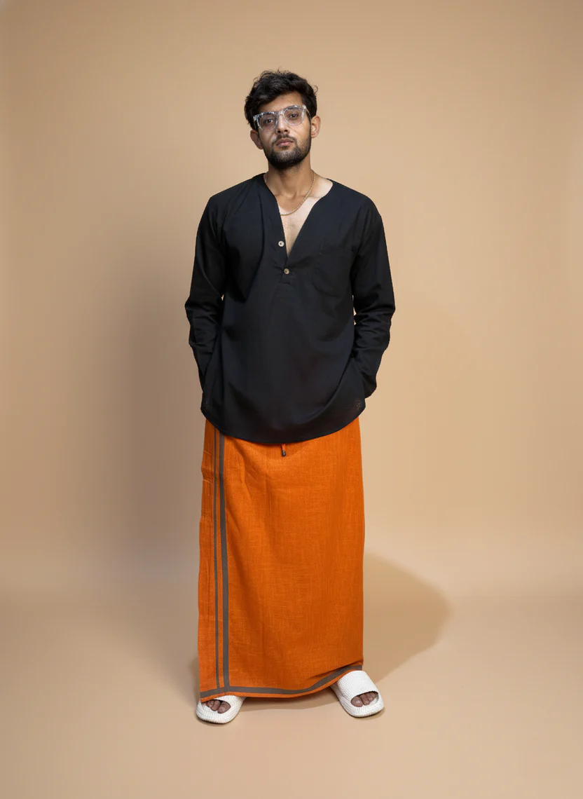 Orange pajamalungi with light green stripes for men - Image 2