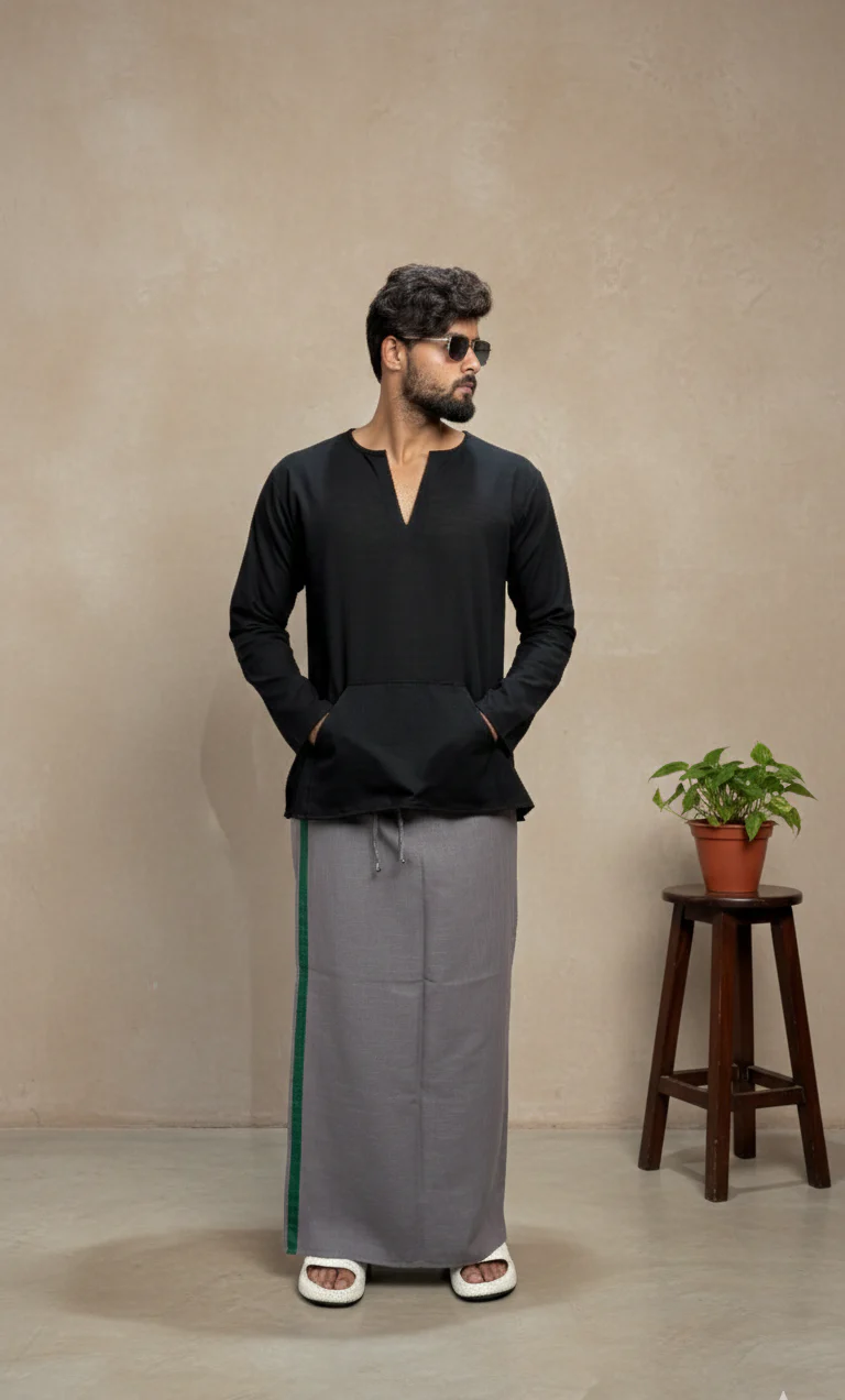 Men's Grey Color with Green stripe Pajamalungi - Image 3