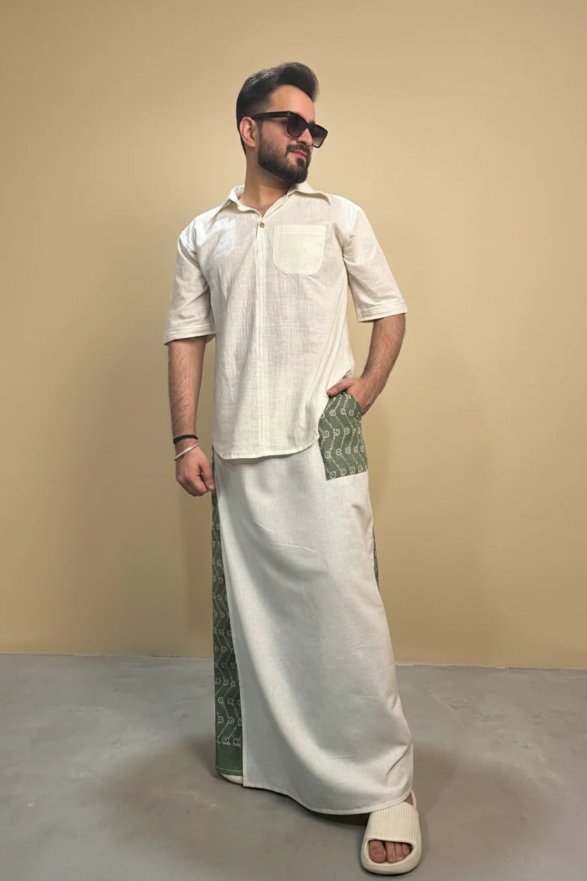 Men White Color Pajamalungi With Green Embroidery Panel - Image 4