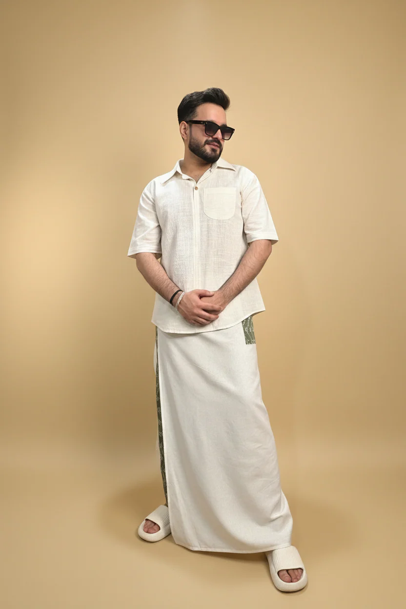 Men White Color Pajamalungi With Green Embroidery Panel - Image 3
