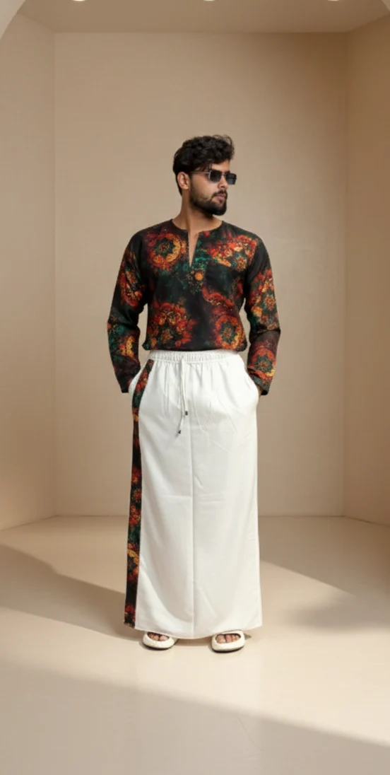 Men’s White Cotton Contrast Stripe Pajamalungi - Image 4