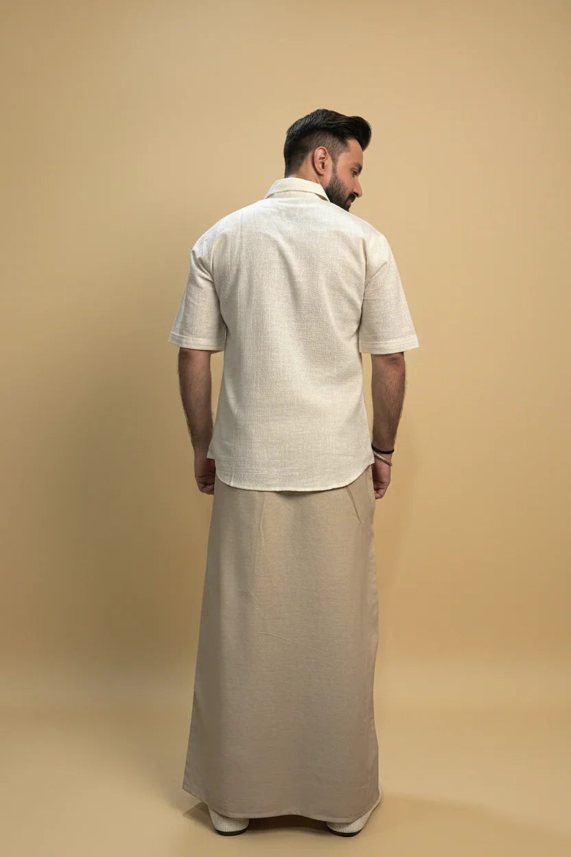 Men Beige Color Pajamalungi With Brown Embroidery 2 Panel - Image 6