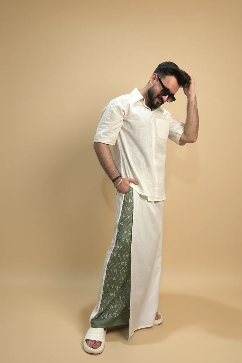 Men White Color Pajamalungi With Green Embroidery Panel - Image 6
