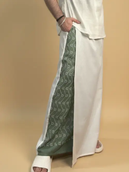 Men White Color Pajamalungi With Green Embroidery Panel