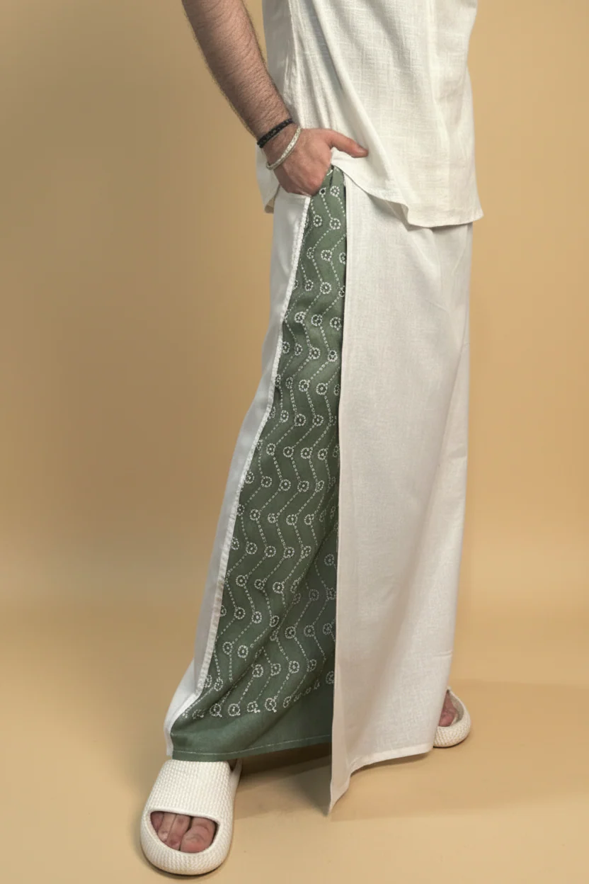 Men White Color Pajamalungi With Green Embroidery Panel