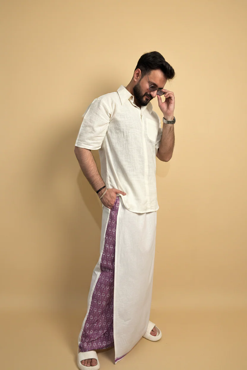Men White Color Pajamalungi With Purple Embroidery Panel - Image 3