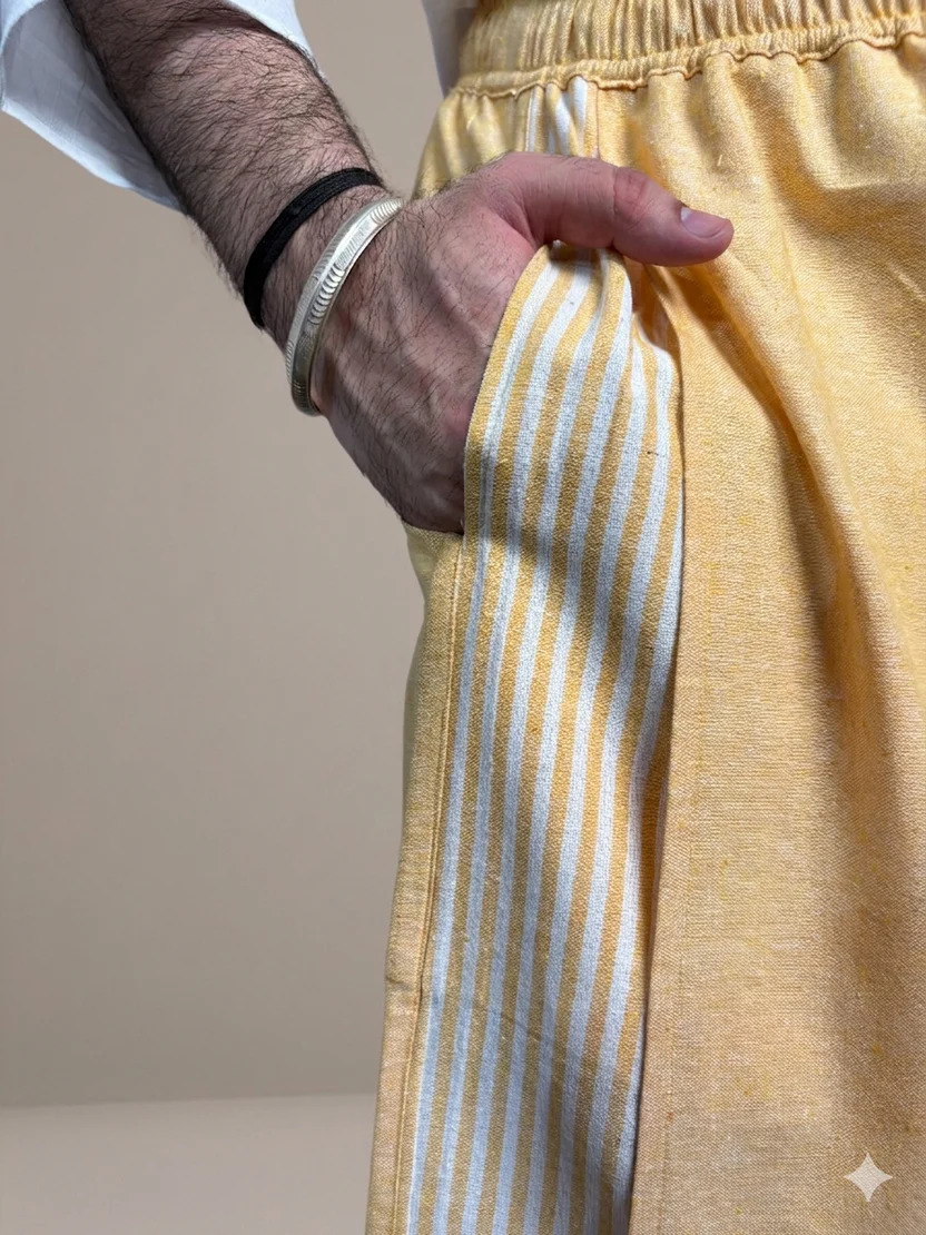 Men Yellow Color Pajamalungi With Yellow Stripe Panel - Image 6