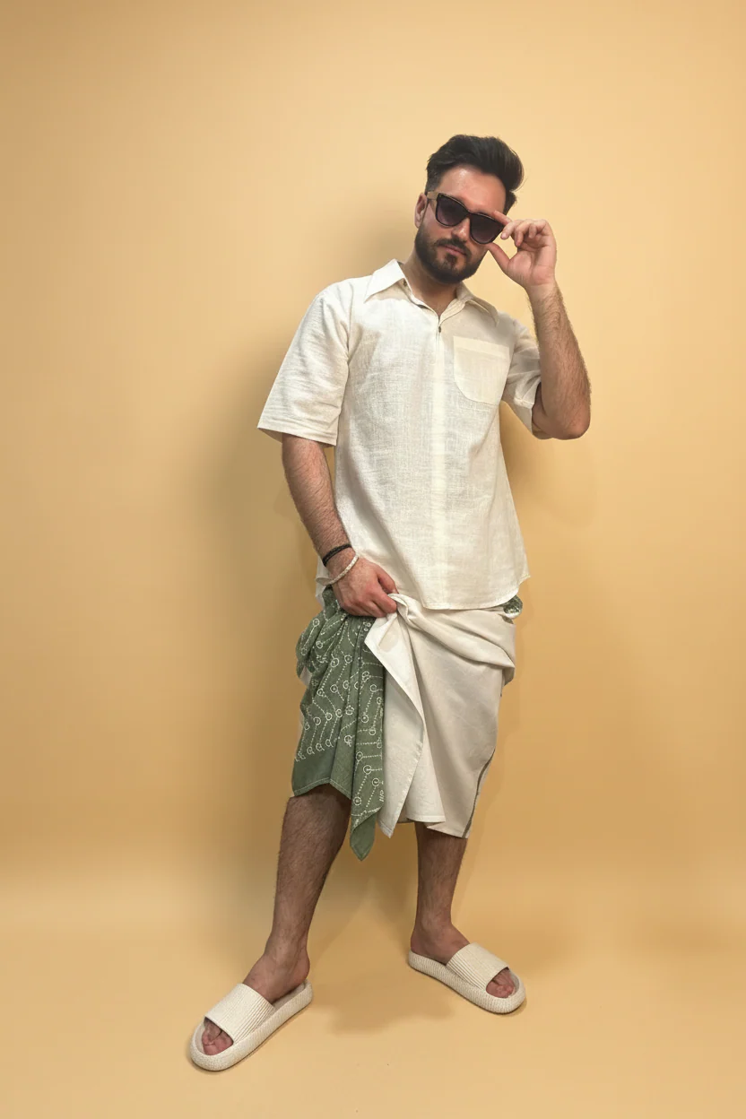 Men White Color Pajamalungi With Green Embroidery Panel - Image 5