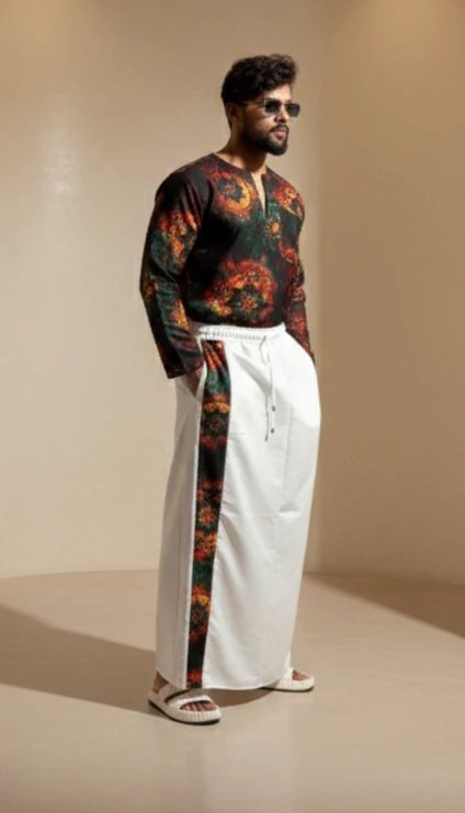 Men’s White Cotton Contrast Stripe Pajamalungi - Image 2