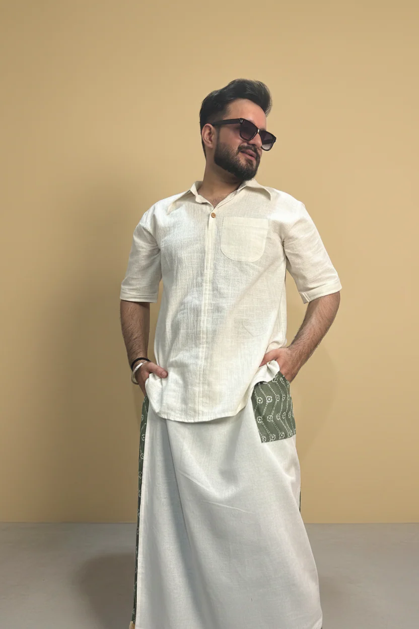 Men White Color Pajamalungi With Green Embroidery Panel - Image 7