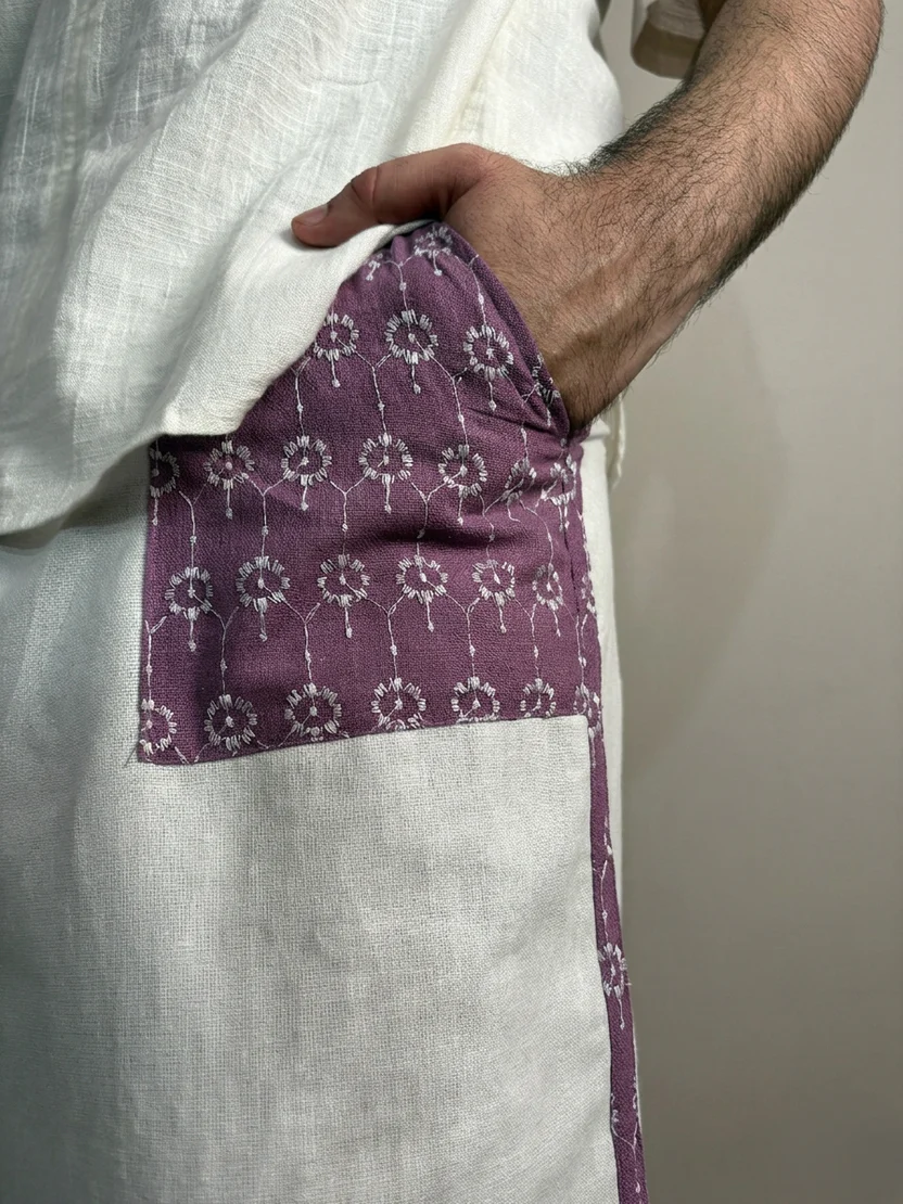 Men White Color Pajamalungi With Purple Embroidery Panel - Image 8