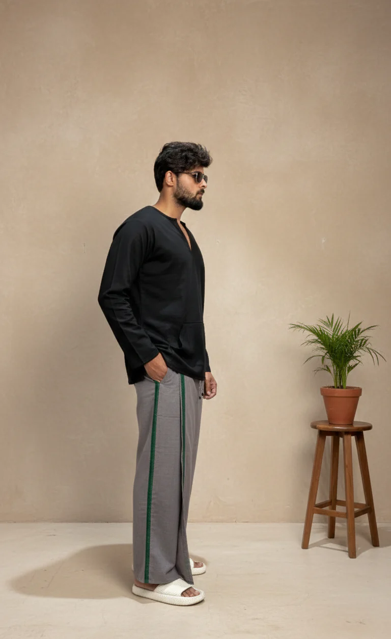 Men's Grey Color with Green stripe Pajamalungi - Image 4