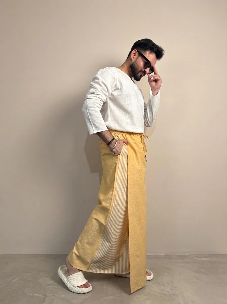 Men Yellow Color Pajamalungi With Yellow Stripe Panel - Image 3