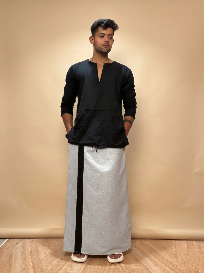 Men Smoke Grey Color With Black Contrast Stripe Pajamalungi - Image 3