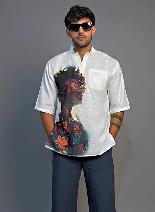Men Half Sleeve Kurta– Afro Sunglasses Print (White) - Image 3