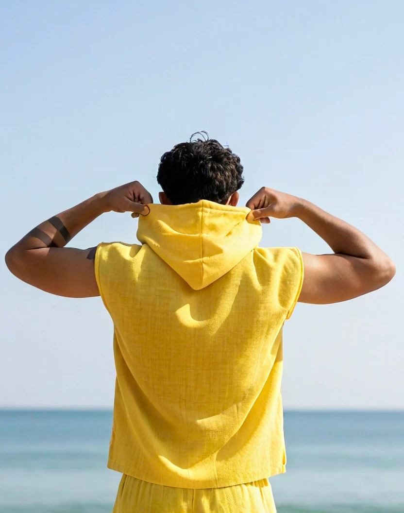 Yellow Sleeveless Beach Hoodie for Men – Limited Edition - Image 2