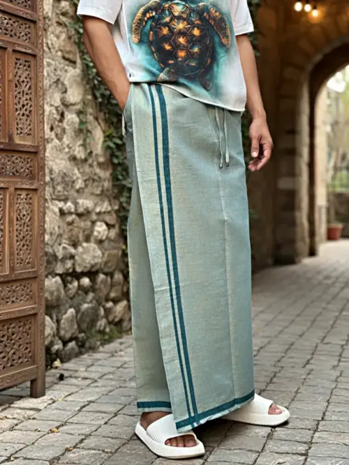 Light green pajamalungi with dark green stripes