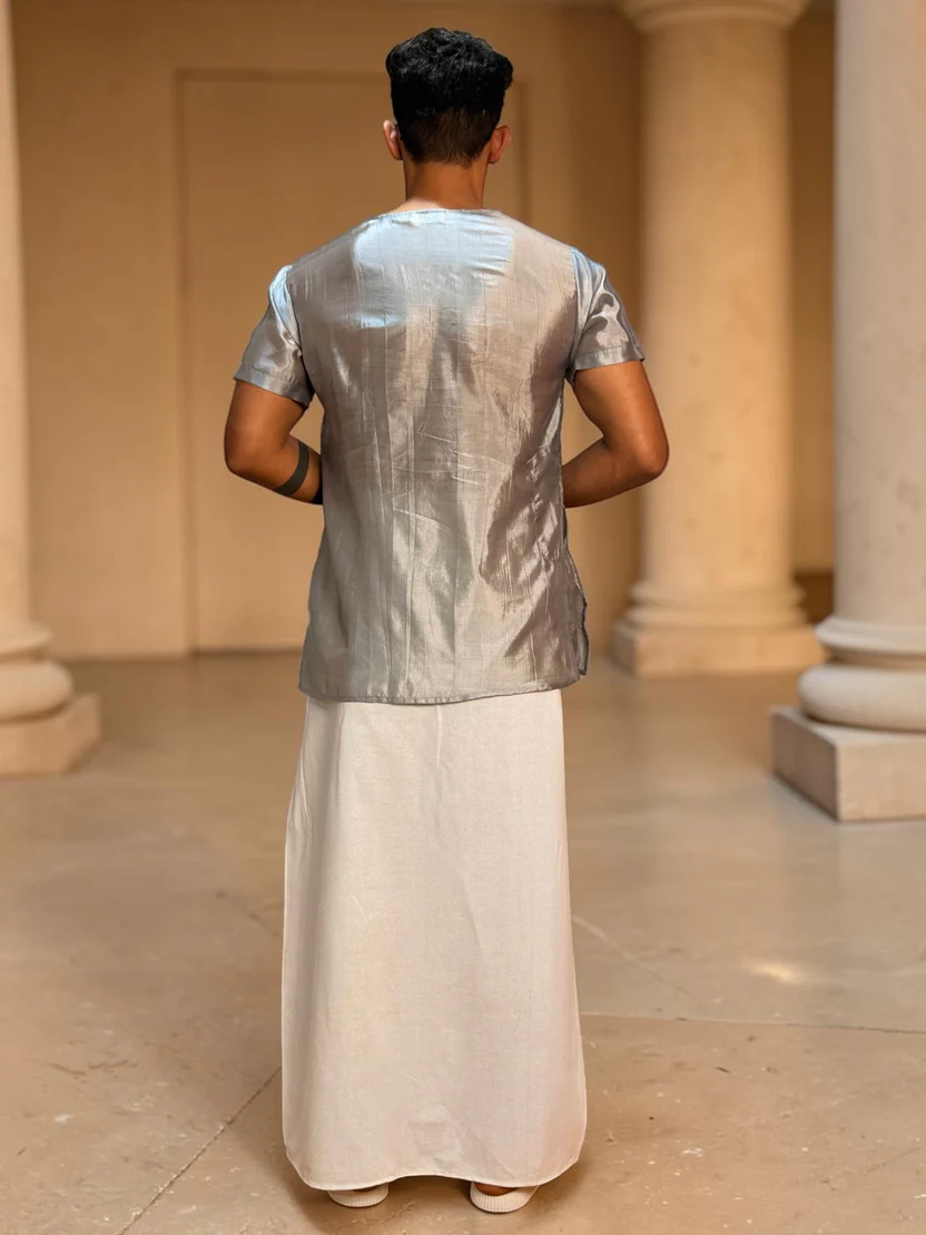 Men White Color With Grey Zari Stripe Pajamalungi - Image 6