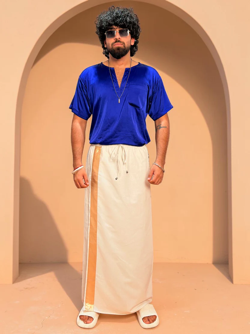 Men White Color With Light Golden Zari Stripe Pajamalungi - Image 2