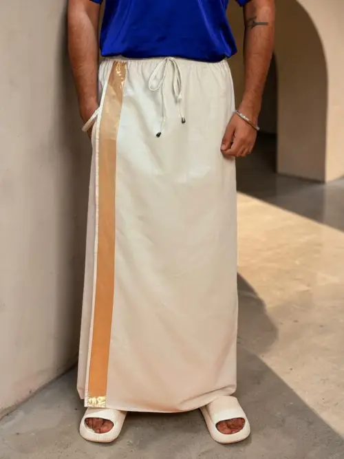 Men White Color With Light Golden Zari Stripe Pajamalungi