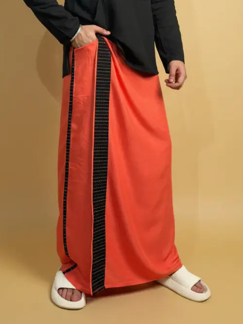 Men Coral Pink Color Pajamalungi With Black Stripe Panel
