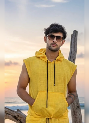 Yellow Sleeveless Beach Hoodie for Men – Limited Edition