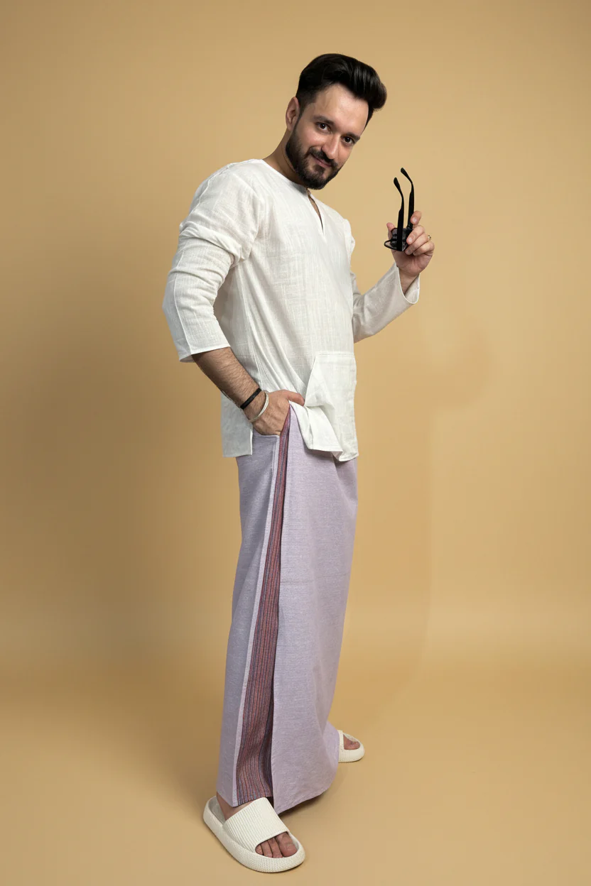Men Mauve Color Pajamalungi With PinStripe Panel - Image 4
