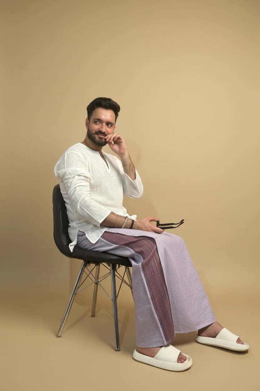 Men Mauve Color Pajamalungi With PinStripe Panel - Image 5