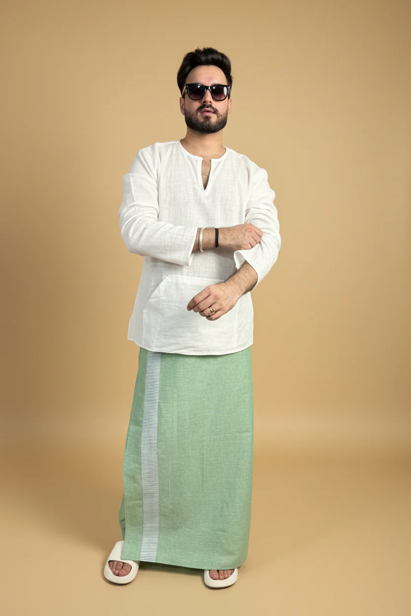Men Green Color Pajamalungi With Green Stripe Panel - Image 6