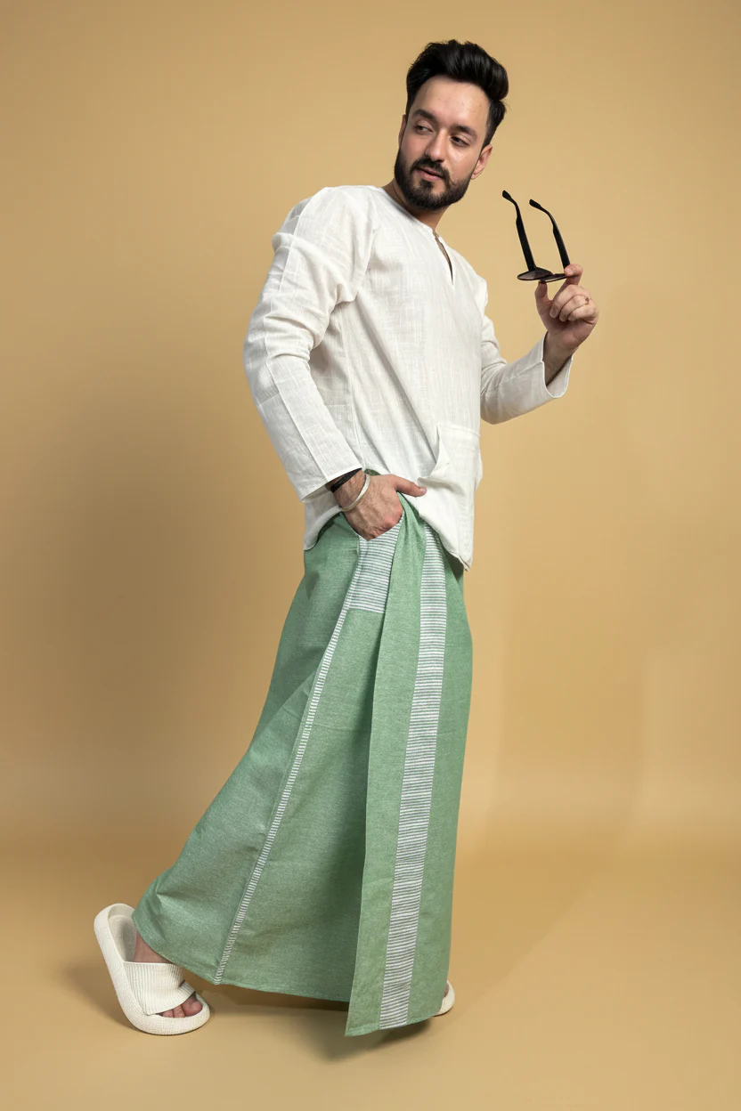 Men Green Color Pajamalungi With Green Stripe Panel - Image 3