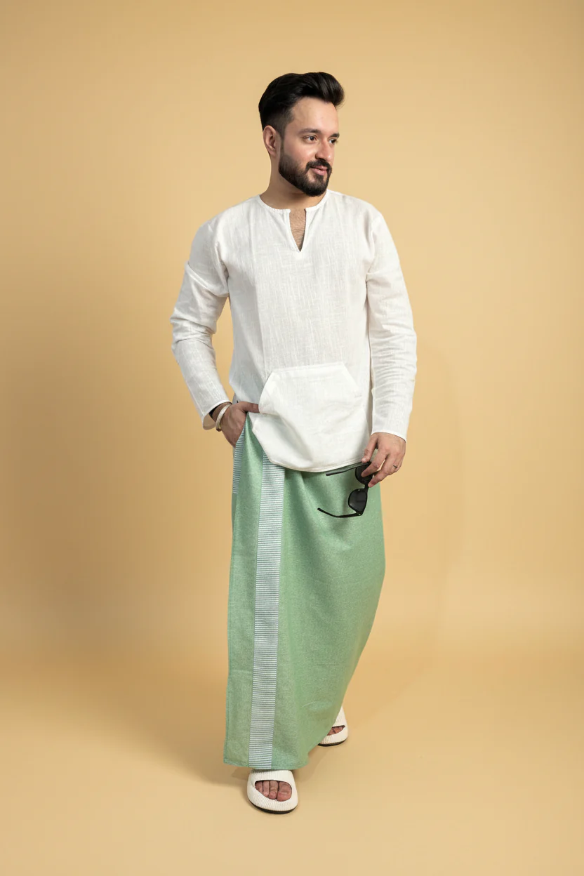 Men Green Color Pajamalungi With Green Stripe Panel - Image 4