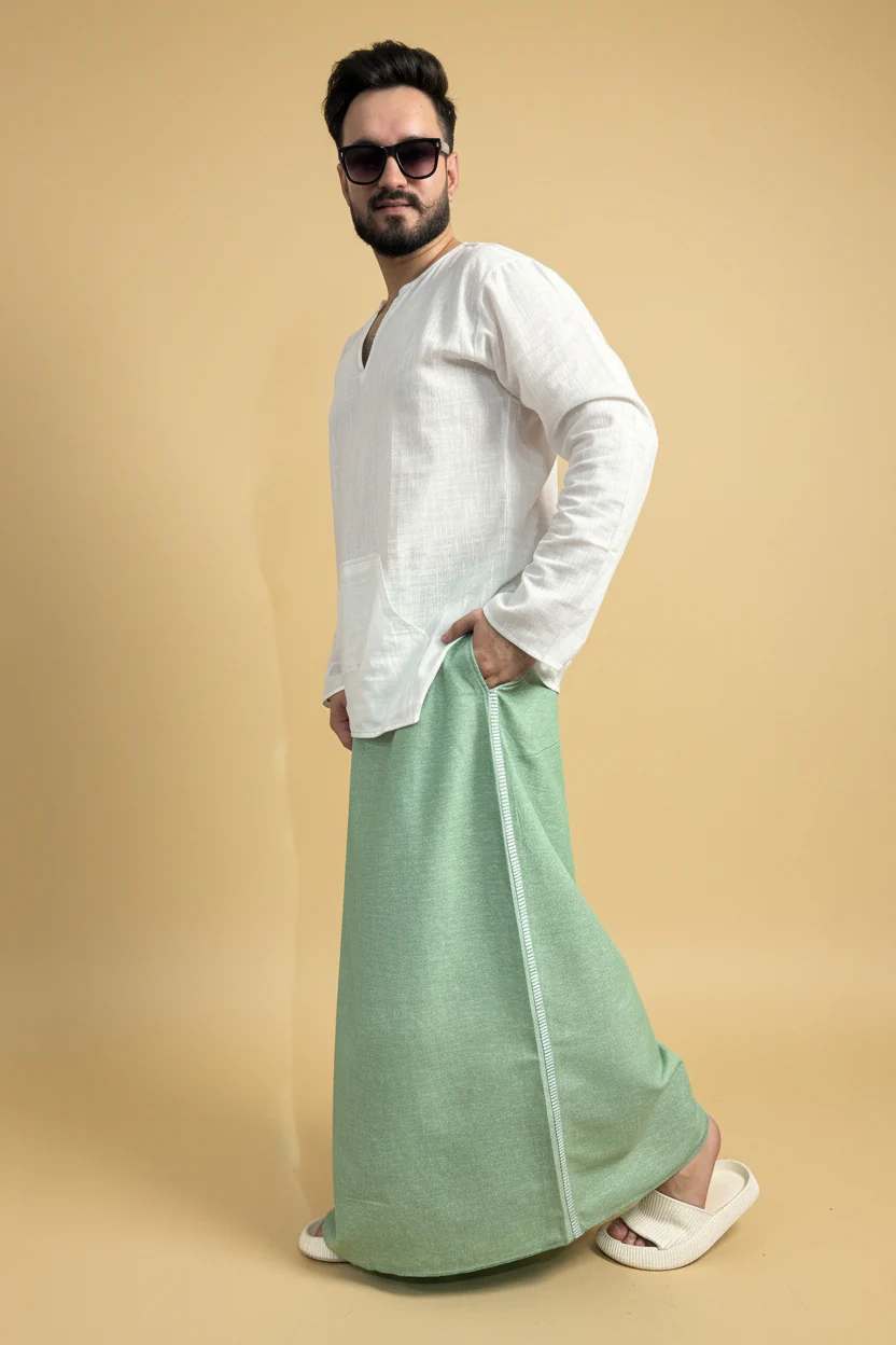 Men Green Color Pajamalungi With Green Stripe Panel - Image 9