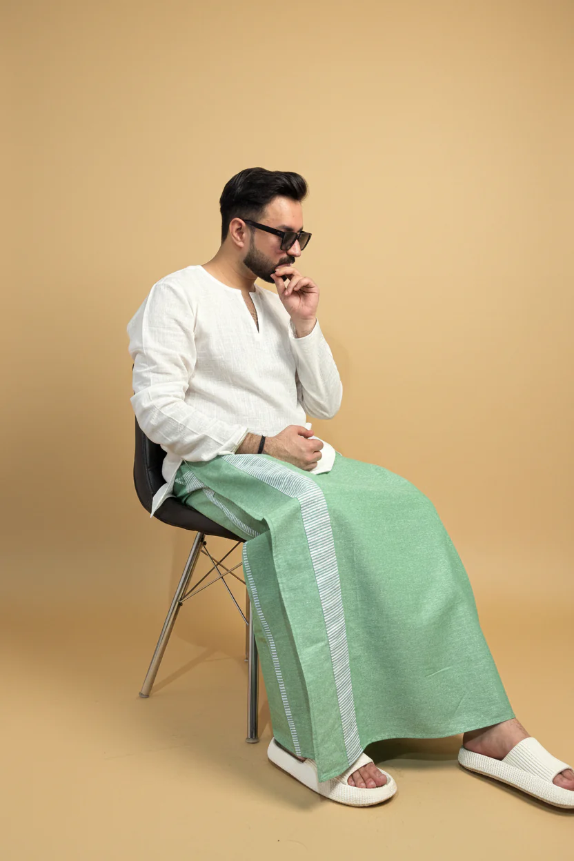 Men Green Color Pajamalungi With Green Stripe Panel - Image 5