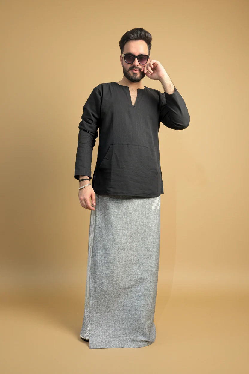 Men Blue Color Pajamalungi With Blue Stripe Panel - Image 4